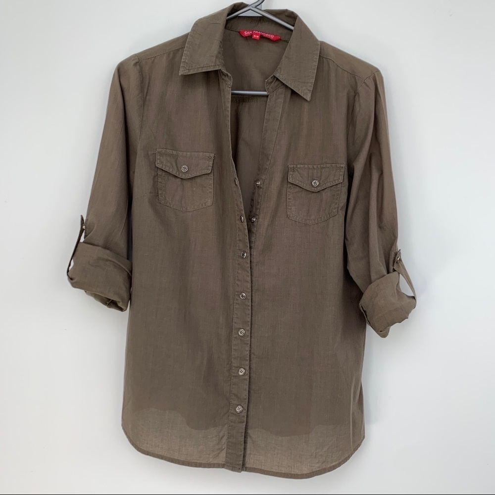 San Francisco Olive Green Long Sleeve Lightweight Snap Button Shirt - Size M